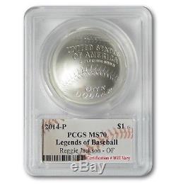 2014-P Baseball HOF Silver $1 - PCGS MS70 - Hand Signed By Reggie Jackson