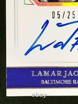 2018 Lamar Jackson National Treasures Silver 5/25 Rookie Patch Auto RAVEN Logo