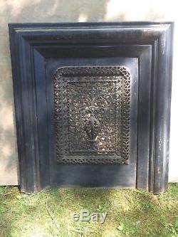 ANTIQUE CAST IRON FIREPLACE SURROUND WITH SUMMER COVER Signed Jackson New York