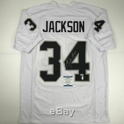 Autographed/Signed BO JACKSON Oakland White Football Jersey Beckett BAS COA Auto
