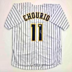 Autographed/Signed Jackson Chourio Milwaukee Pinstripe Jersey Beckett BAS COA