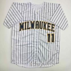 Autographed/Signed Jackson Chourio Milwaukee Pinstripe Jersey Beckett BAS COA