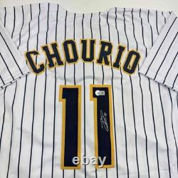 Autographed/Signed Jackson Chourio Milwaukee Pinstripe Jersey Beckett BAS COA
