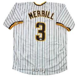 Autographed/Signed Jackson Merrill San Diego Pinstripe Baseball Jersey BAS COA