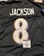 Autographed/Signed LAMAR JACKSON Baltimore Black Football Jersey JSA COA Auto