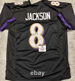 Autographed/Signed LAMAR JACKSON Baltimore Black Football Jersey JSA COA Auto