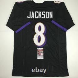 Autographed/Signed LAMAR JACKSON Baltimore Black Football Jersey JSA COA Auto
