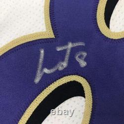Autographed/Signed LAMAR JACKSON Baltimore White Football Jersey JSA COA Auto