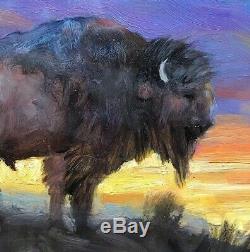 BUFFALO BISON Yellowstone Jackson Hole Sunset WESTERN ART Original Oil painting