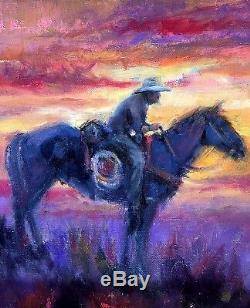 Cowboy horse WESTERN SUNSET Jackson Hole Original Oil painting Wild West ART