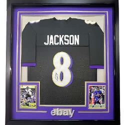 FRAMED Autographed/Signed LAMAR JACKSON 33x42 Baltimore Black Jersey JSA COA