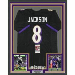 FRAMED Autographed/Signed LAMAR JACKSON 33x42 Baltimore Black Jersey JSA COA