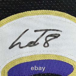 FRAMED Autographed/Signed LAMAR JACKSON 33x42 Baltimore Black Jersey JSA COA