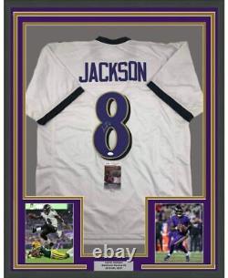 FRAMED Autographed/Signed LAMAR JACKSON 33x42 Baltimore White Jersey JSA COA