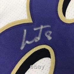 FRAMED Autographed/Signed LAMAR JACKSON 33x42 Baltimore White Jersey JSA COA