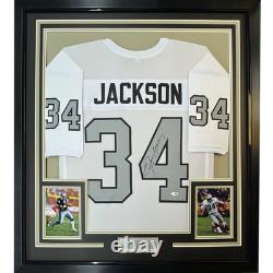 Framed Autographed/Signed Bo Jackson 35x39 Oakland White Football Jersey JSA COA