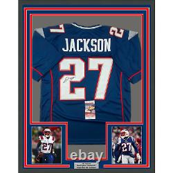 Framed Autographed/Signed JC J. C. Jackson 33x42 New England Blue Jersey JSA COA