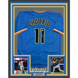 Framed Autographed/Signed Jackson Chourio 35x39 Milwaukee Blue Jersey BAS COA