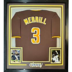 Framed Autographed/Signed Jackson Merrill 35x39 San Diego Brown Jersey COA