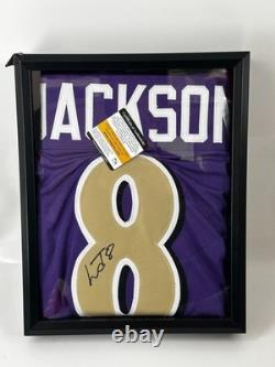 Framed Autographed/Signed LAMAR JACKSON Baltimore Purple Jersey COAPROS