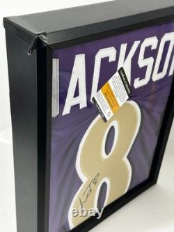 Framed Autographed/Signed LAMAR JACKSON Baltimore Purple Jersey COAPROS