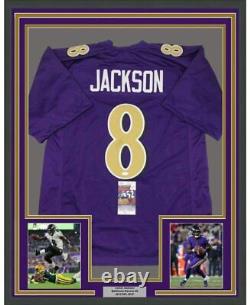 Framed Autographed/Signed Lamar Jackson 33x42 Baltimore CR Jersey JSA COA