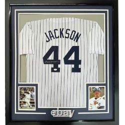 Framed Autographed/Signed Reggie Jackson 33x42 New York Pinstripe Jersey JSA COA