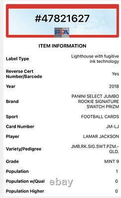 LAMAR JACKSON 2018 Panini Select GOLD PRIZM Rookie Patch Auto /5 PSA 9 POP 1