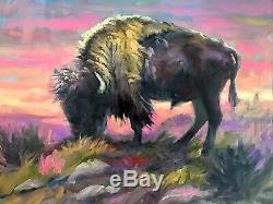 Original oil painting BUFFALO BULL Western Art Yellowstone Jackson Hole WY sage
